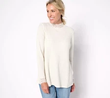 LOGO by Lori Goldstein Metallic Waffle Knit Mock Neck Top With Lace Coconut Milk