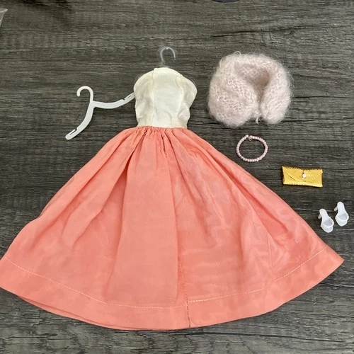 Vintage Barbie Size 1960s Outfit Set - Peach Shantung Gown Dress & Accessories
