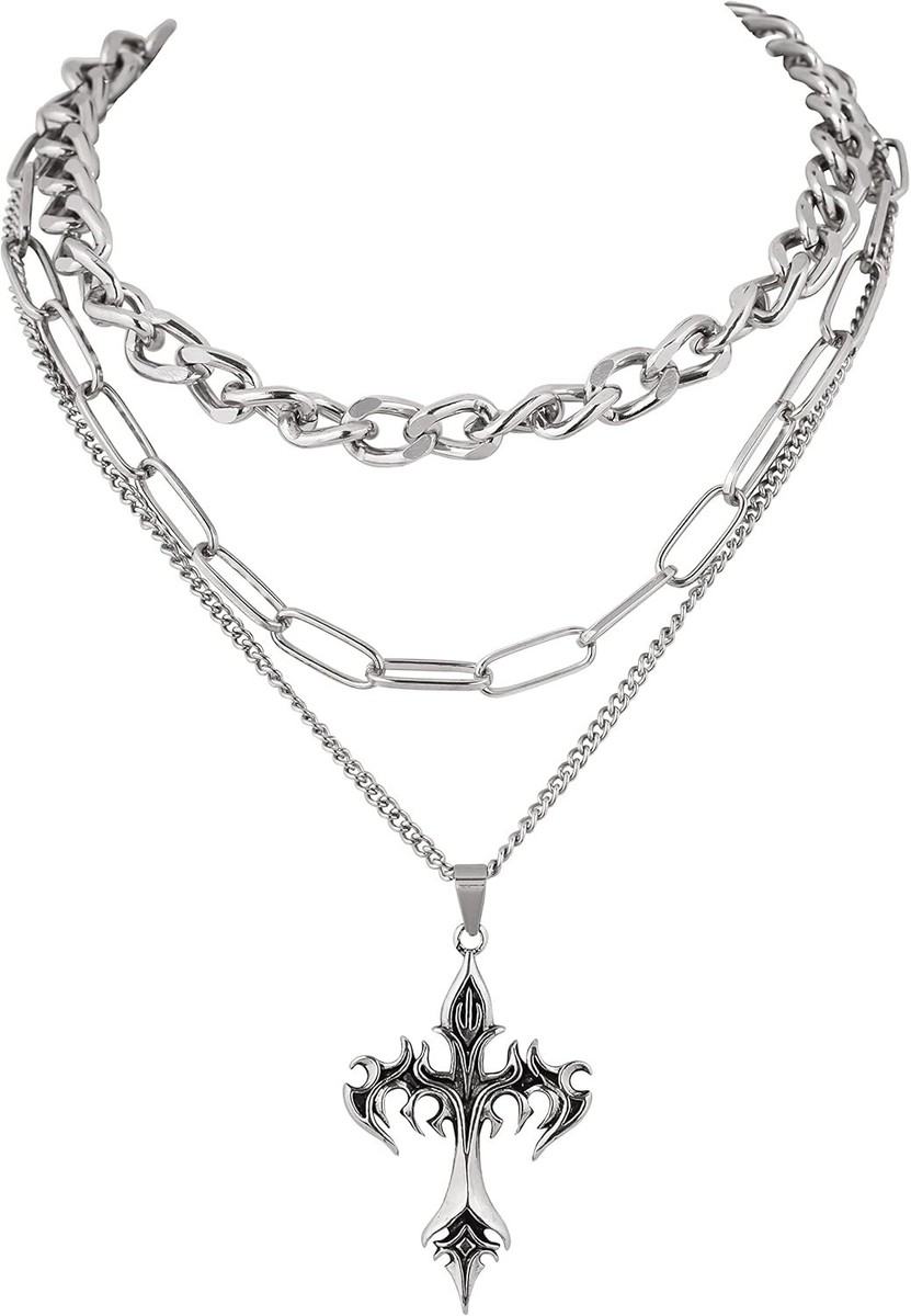 Gothic Layered Cross Pendant Necklace, Goth Emo Grunge Necklace 