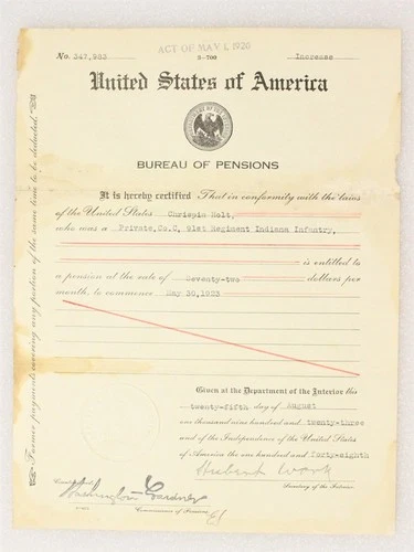 Civil War Pension Document: Increase for 91st Indiana Infantry Veteran