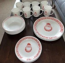 8 Place Settings  Corelle Corning Red Santa Christmas Sponge Plates Bowls Mugs