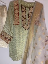 Pakistani Green Gold Red Chiffon jamewar Salwar kurta, organza dopatta