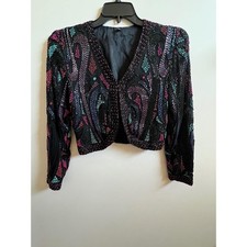 Vintage Beaded Embellished Cropped Bolero Jacket Black Pink Blue Teal Size M