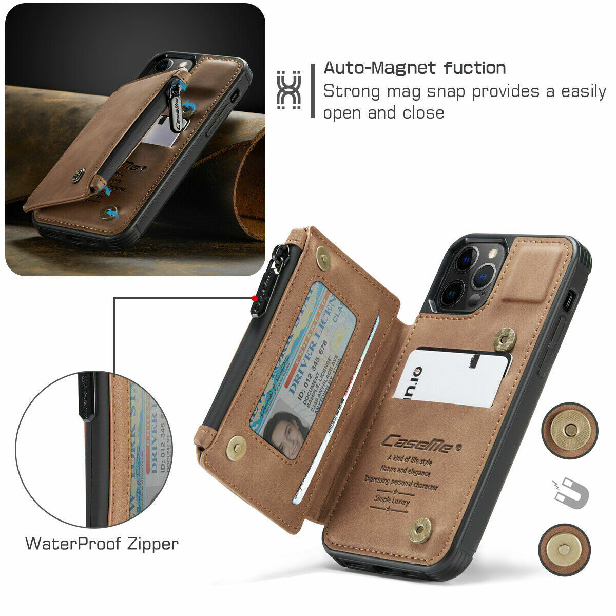 For iPhone 15 14 13 12 11 Pro Max Leather Wallet Card Holder Zipper Case  Cover