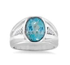 Blue Topaz Oval Cut Gemstone With 925 Sterling Silver Ring For Men's #245 *