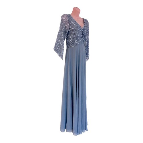 size 6 JKARA Chiffon Sequin Blue Formal Gown White Tie Wedding Prom Maxi Dress - Imagen 2 de 15