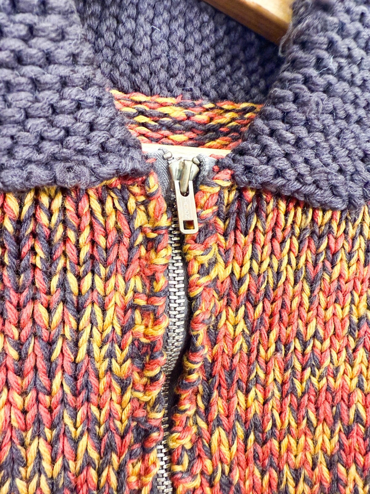 VTG COWICHAN Wool Chunky Hand Knit Zip Sweater Jacket Cardigan 60s Blue XL image 3