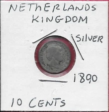 NETHERLANDS KINGDOM 10 CENTS 1890 HALBERD RULER:WILLIAM III,LEGEND:WILLEM III KO