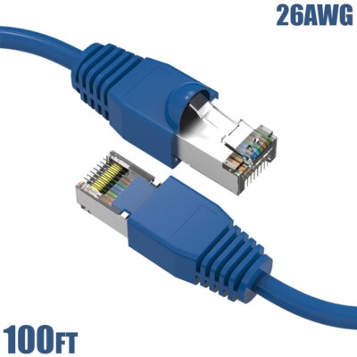 100FT Cat6A RJ45 Network LAN Ethernet SSTP Shielded Cable Copper Snagless Blue
