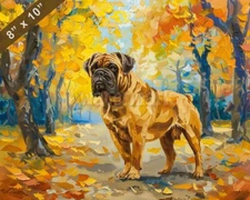 Mastiff dog painting in a charming autumn park 8x10 Print 