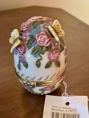 Egg Shaped Floral Butterflies Hinged Trinket Box