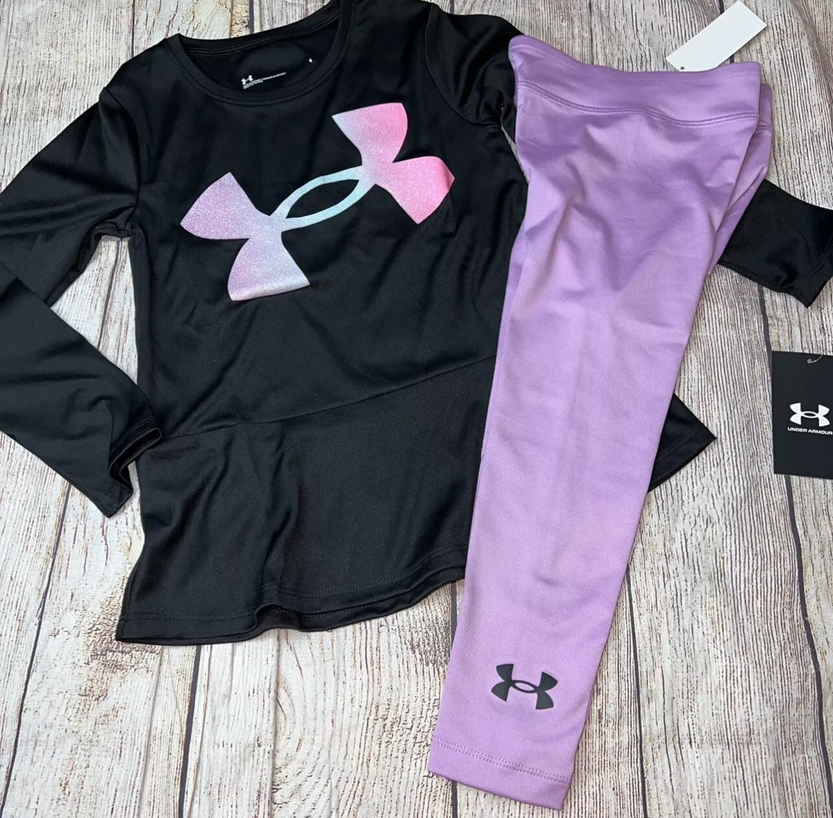 Under Armour Girls Black Purple Long Sleeve Leggings Set Outfit NEW