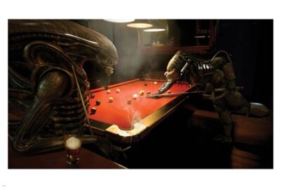 ALIEN vs PREDATOR playing pool game POSTER 12x18 FUNNY humorous SCI-FI