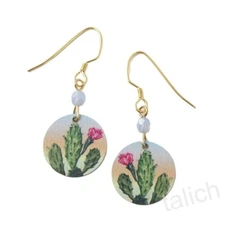 Lemon Tree Earrings Cactus with Flower Disc with Blue Bead Lightweight Unique