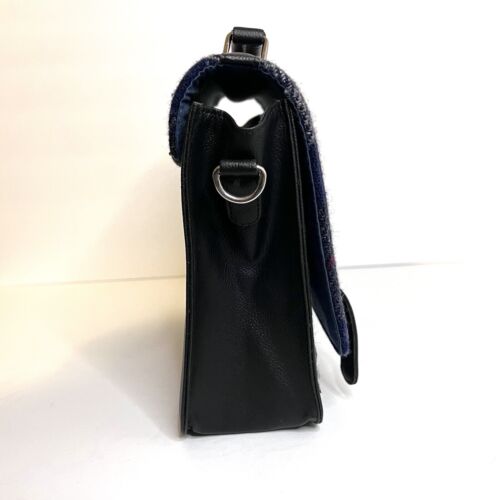 Harris Tweed Mini Messenger Bag Navy Plaid Zipped Pockets Shoulder Strap Wool - Picture 7 of 16