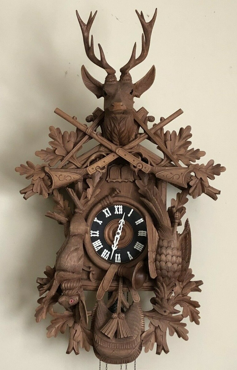 HUGE GERMAN Hand Carved Wood BLACK FOREST Hunter Double CUCKOO