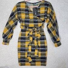 Fashion Nova NWT M Woman's Sweater Dress Mustard Yellow/Blue w/ Tie Cross Front