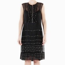 PRADA P32T2R-S161 Stud Embellished Sheer Chiffon Mini Dress Front Zip Black 40 S