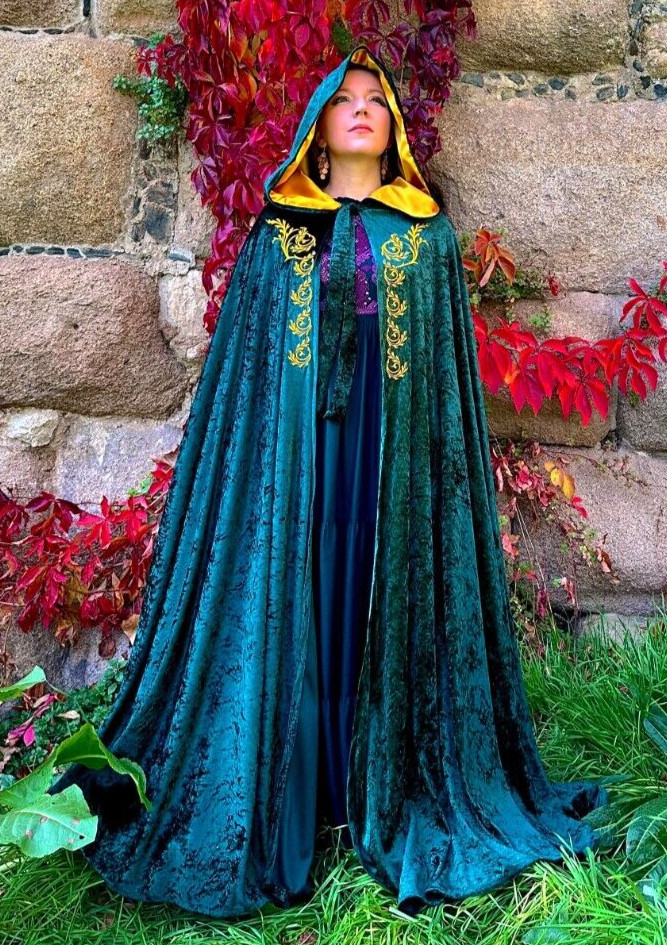 Green Velvet Hooded Cloak Gothic Embroidery Gold Lining Unisex Handmade Medieval