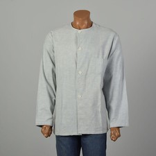 XXL 1940s Light Blue Soft Flannel Pajama Top WWII Long Sleeve Loungewear Shirt