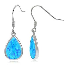 Sterling Silver Lab Created Blue Opal Teardrop Dangle Earrings