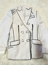 Women s White Double Breasted Blazer Jacket Black Trim Lined Buttons Size S