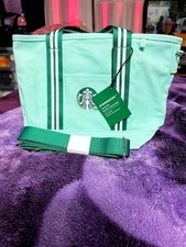 Starbucks Light Green Canvas Tote Bag Green/White Striped Handles Logo Patch