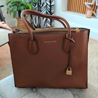 Michael Kors Brown Pebbled Leather Tote Zip Gold Padlock Jet Set Large Handbag