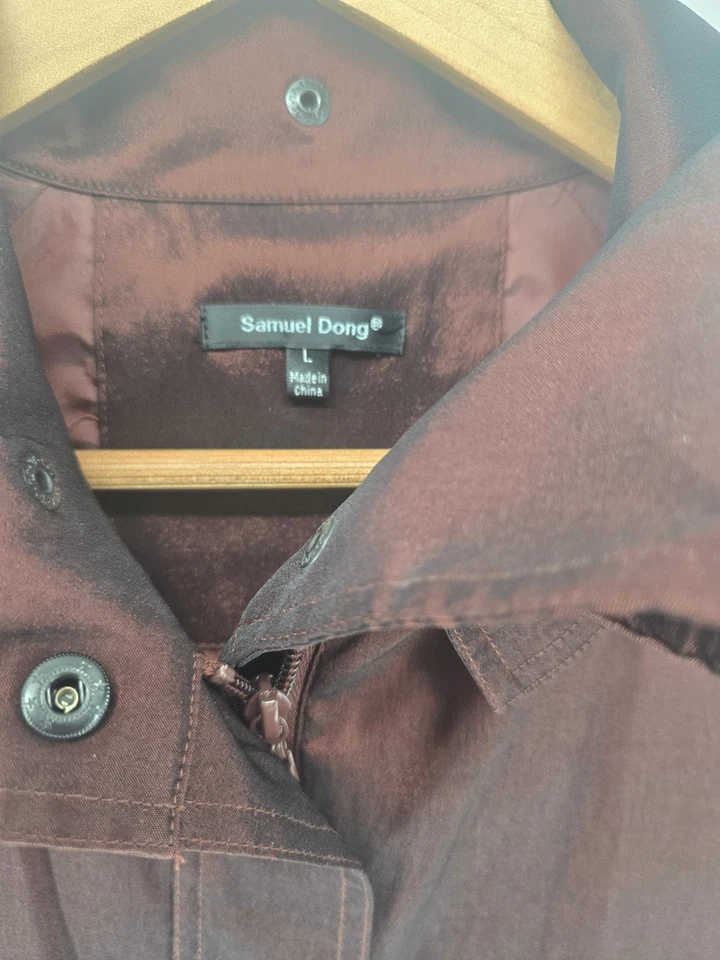 Samuel Dong Mujer Elegante Brillante Granate Texturizado Cremallera Completa Chaqueta Abrigo Grande Foto 3 de 4