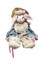 Vintage Handmade Folk Art Mop Yarn Bunny Rabbit Doll Straw Hat Country Decor