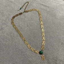 VTG PARK LANE Lariat Tassel Faux Jade Chinese Happiness Statement Necklace Gold