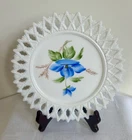 Vintage Hand Painted Milk Glass Plate 7” Blue Flowers Lattice Edge