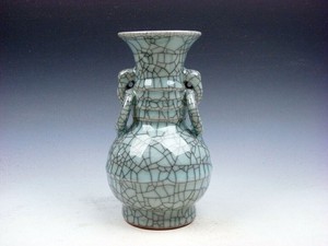 Chinese Crackle Celadon Hand Crafted Unique Shaped Vase w/ 2 Handles #03162102