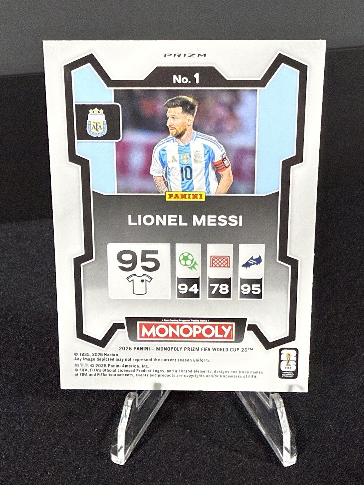 2026 Panini Prizm Monopoly FIFA World Cup Lionel Messi Blue Wave Prizm card #1 view 2