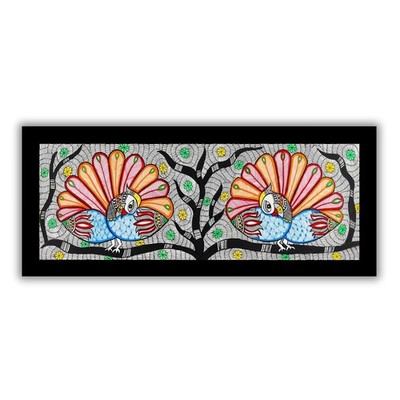 Handmade Madhubani Peacock Painting 20x58 cm Framed - Original Mithila Folk Art