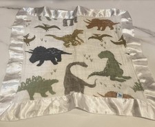 Little Unicorn Dinosaur lovey Security Blanket White Cotton Muslin Satin Trim