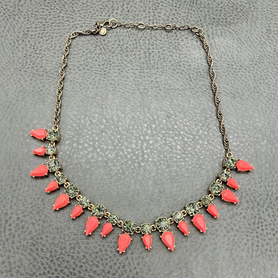J.Crew Statement Necklace Coral Pink Teardrop Smoky Crystal Gold Tone Women - Image 2 of 4