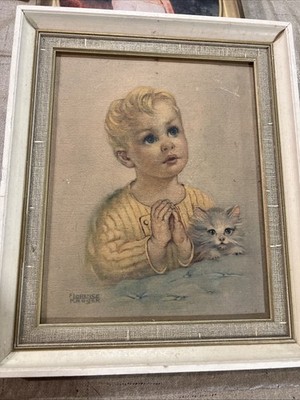 VTG Florence Kroger Oil Painting Litho Print Little Boy Praying Cat Framed