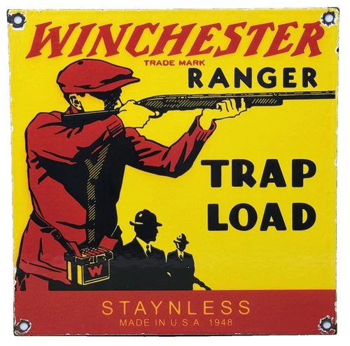 VINTAGE WINCHESTER PORCELAIN SIGN, AMMO, 12 GAUGE SHELLS, BIRD HUNTING, SHOT GUN