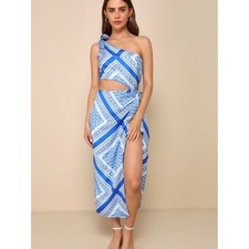 Lulu's Vacay Blue Scarf One Shoulder Tie Strap Midi Dress Size XS