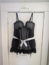 La Senza Black Mesh  Polka Dot Babydoll w/ Garters and Belted Bow Detail Size L