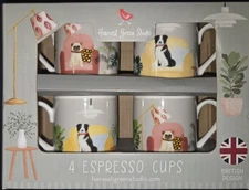 Harvest Green Studio Four Ceramic Espresso Cups British Design Featuring Dogs