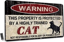 Vintage Cat Tin Metal Signs Home D cor 8x12 Warning This Property is Protected b