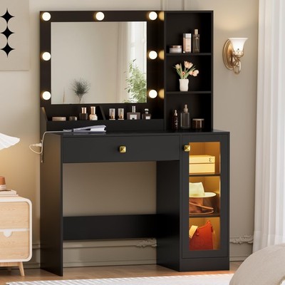34in Makeup Vanity with Mirror Lights Charging Station 3 Color Lighting Modes