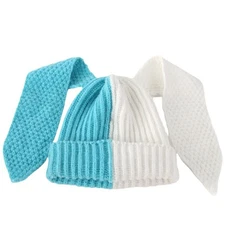 Color Block Knit Beanie Hats Cute Bunny Long Ears Grunge Hat Fluffy Winter Ca...