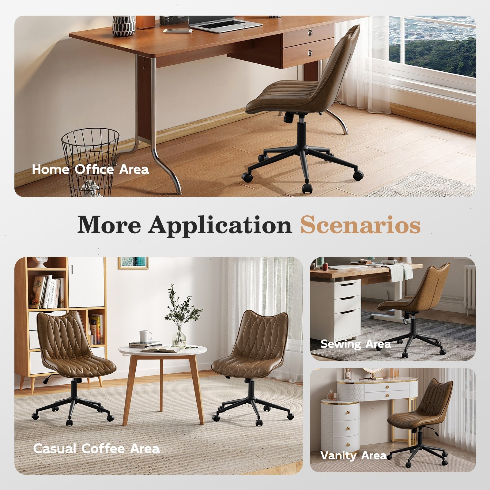 Armless office chair, adjustable for rotation and with wheels, suitable for work