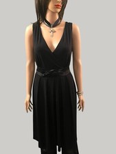 Vintage Black Gothic Dress V Neck Satin Tie Waist Laura Ashley Y2K Glam Medium