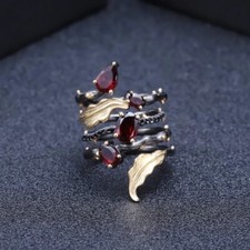Flower Nature Natural Pear Garnet Gemstone 925 Sterling Silver Handmade Ring