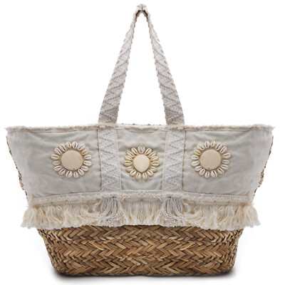 Borsa in paglia coffa donna intrecciata conchiglie grande vimini