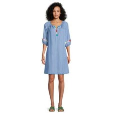 The Pioneer Peasant Dress Women's Plus Size 3X Light Wash Embellished --L3--